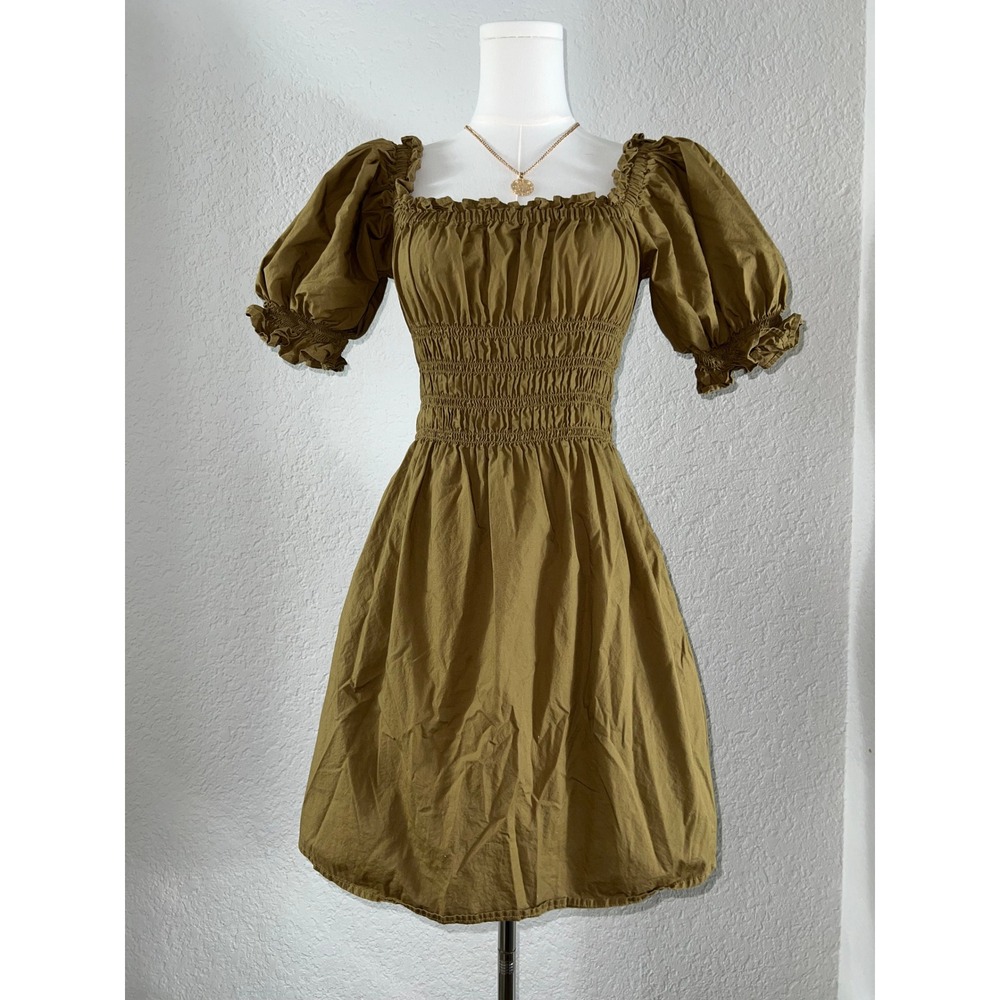 Olive Brown Smocked Puff Sleeve Verenne Mini Dress Square Neck Ruched Bubble Hem